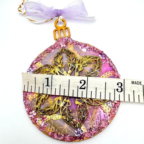 Handcrafted Ornament OOAK Vintage-Inspired Collage Gold Flower & Purple Accents - Picture 4 of 7